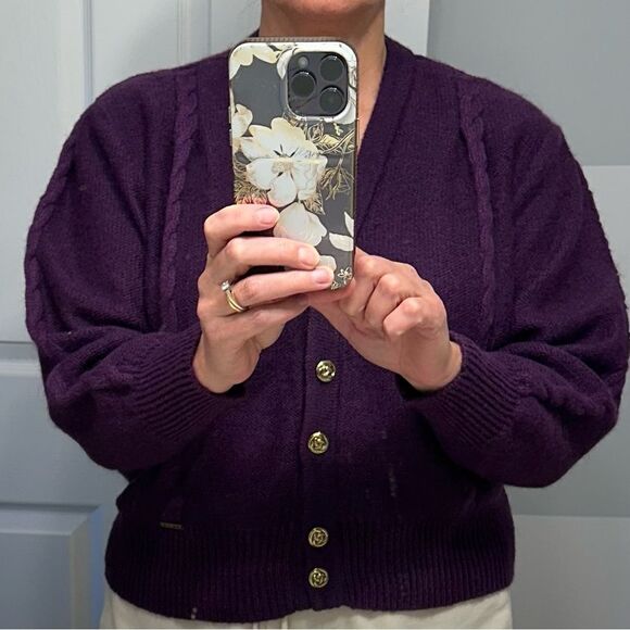 VTG 1980s Geiger Austria Purple Wool Cardigan Sweater Women’s 38 Gold Buttons - Picture 13 of 13